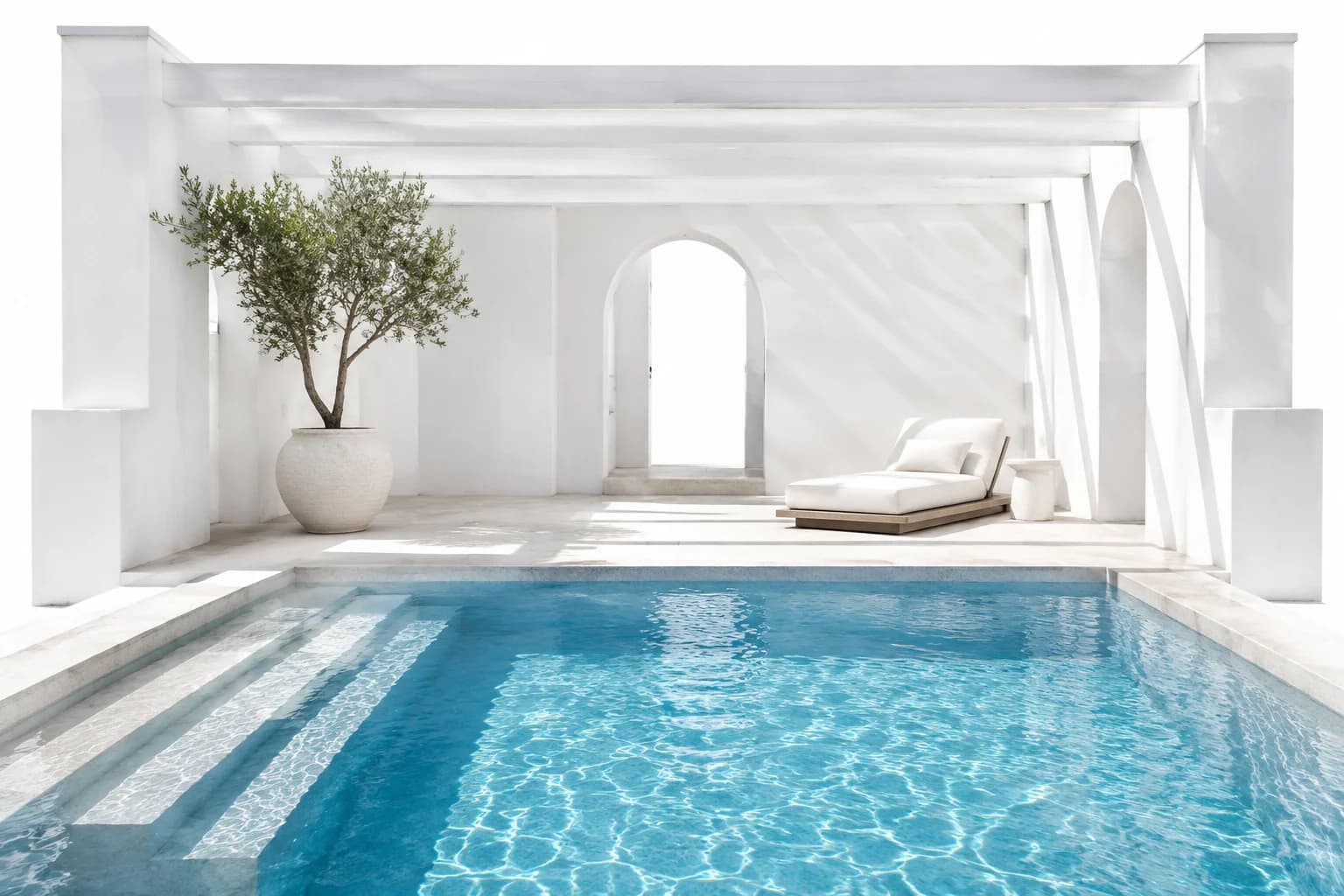 Une piscine paisible dans une cour blanche ouverte sur la lumière.